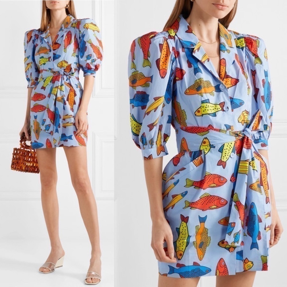 NWT LHD Casitas Printed Cotton Blend Poplin Mini Dress Corsican Trout